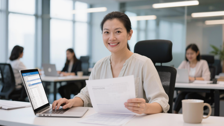 Singapore small business owner reviewing grant paperwork and financial charts in a bright co-working space
