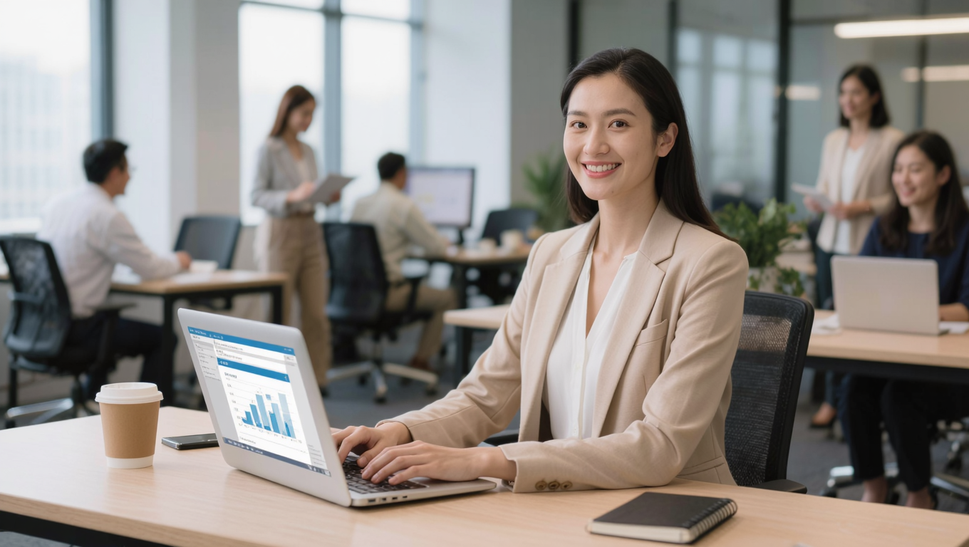 Singapore small business owner reviewing an email marketing campaign on a laptop in a co-working space