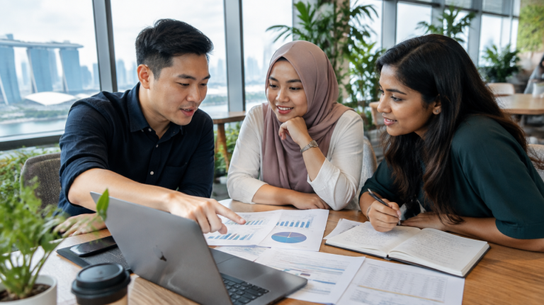 Singapore founders reviewing annual budget and financial charts together in a co-working space