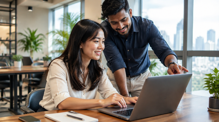Small business owner in Singapore reviewing customer data with a teammate in a co-working space