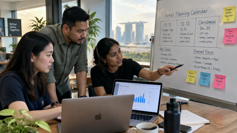 Singapore founders planning their year-end sales season strategy on a whiteboard