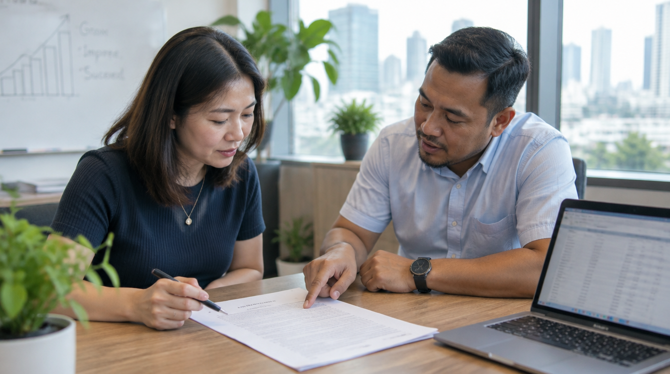 Singaporean small business owner reviewing a business insurance policy with an advisor in a Singapore office