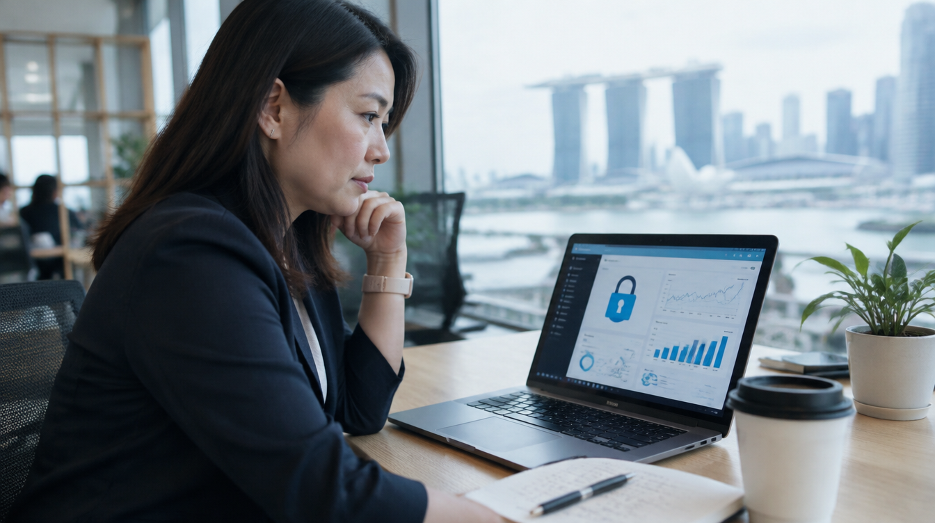 Singapore small business owner reviewing a cybersecurity dashboard on a laptop in a co-working space with the Marina Bay skyline in the background