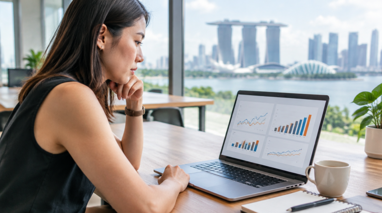 Singapore small business owner reviewing digital advertising analytics on a laptop with the Marina Bay skyline in the background