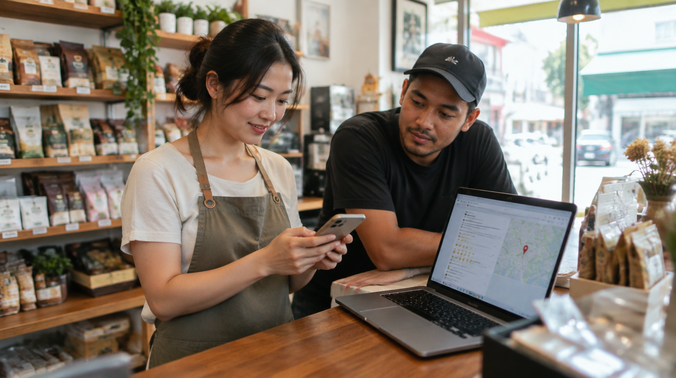 Singapore small business owners checking their Google Business Profile listing together on a laptop and phone in their shop
