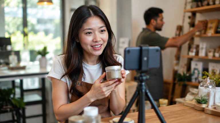 Singapore small business owner filming a product video for TikTok in her shop