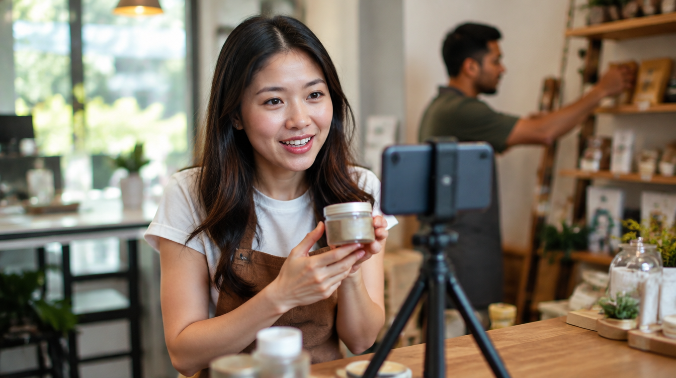 Singapore small business owner filming a product video for TikTok in her shop