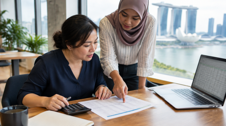 Singapore small business owners reviewing a pricing spreadsheet together in a co-working space
