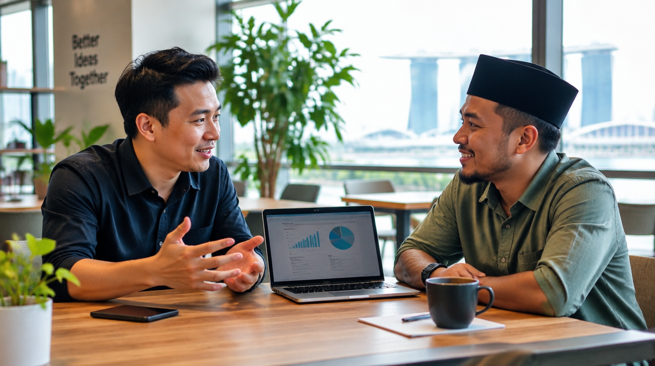 Two Singapore small business owners discussing a customer referral plan over a laptop in a co-working space