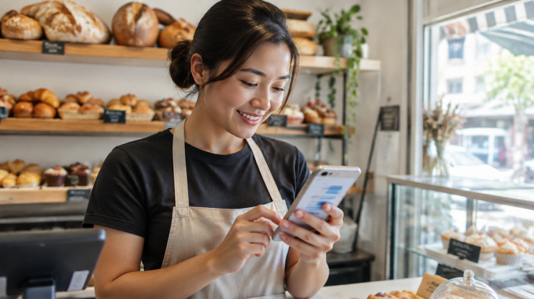Singapore small business owner replying to a customer on WhatsApp Business from a shop counter